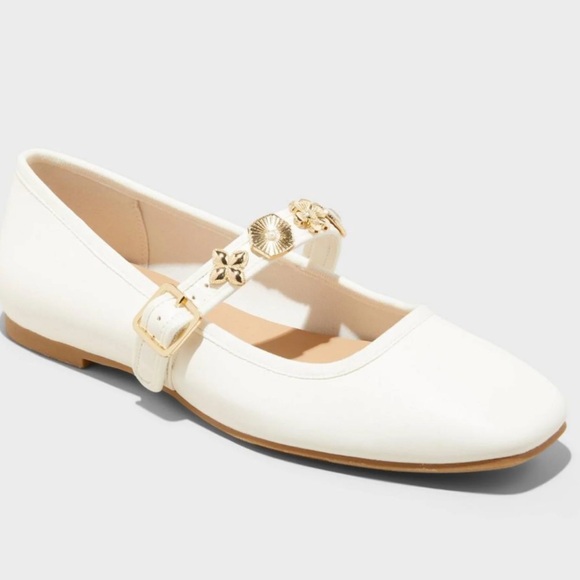 a new day Shoes - a new day Rebecca ivory Mary Jane Flats with Gold Floral Jewel Strap
